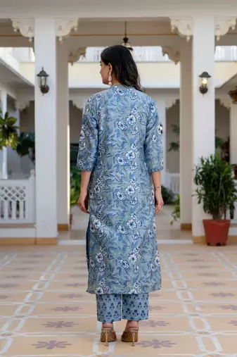 Women's floral printed knee length rayon kurti and pant set with printed dupatta