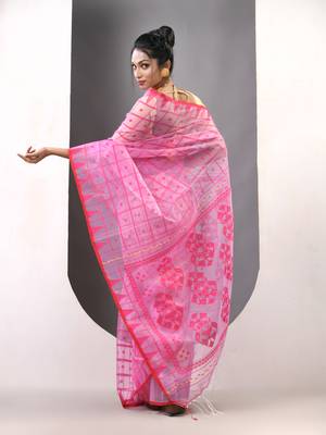 Pink muslin soft saree with jamdani designs 3