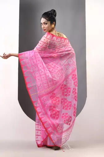Pink muslin soft saree with jamdani designs