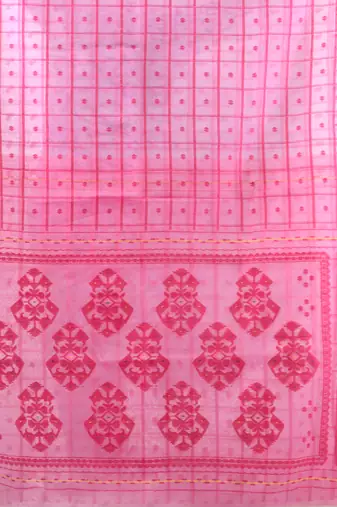 Pink muslin soft saree with jamdani designs