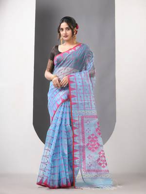 Sky blue muslin soft saree with jamdani designs 1