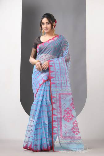 Sky blue muslin soft saree with jamdani designs