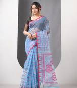 Sky blue muslin soft saree with jamdani designs