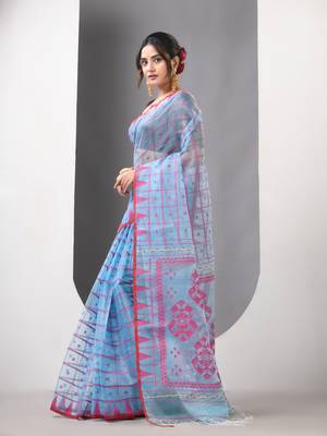 Sky blue muslin soft saree with jamdani designs 2