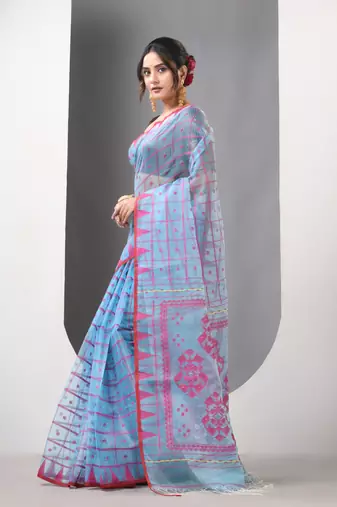 Sky blue muslin soft saree with jamdani designs