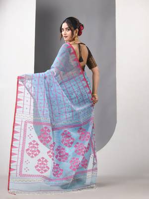 Sky blue muslin soft saree with jamdani designs 3
