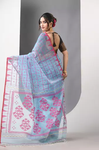 Sky blue muslin soft saree with jamdani designs