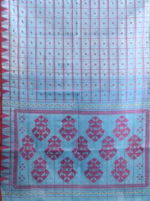 Sky blue muslin soft saree with jamdani designs 4