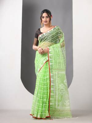 Light green muslin soft saree with jamdani designs 1