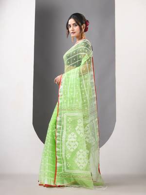 Light green muslin soft saree with jamdani designs 2
