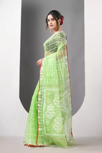 Light green muslin soft saree with jamdani designs