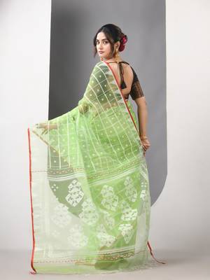 Light green muslin soft saree with jamdani designs 3