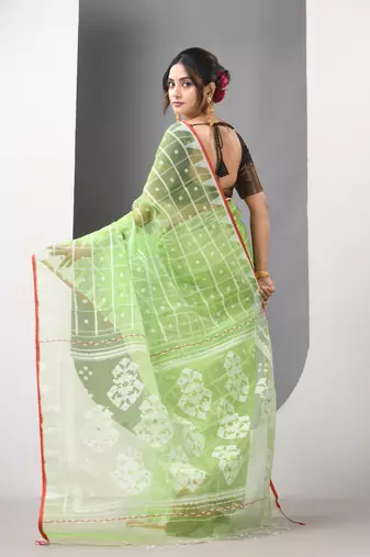 Light green muslin soft saree with jamdani designs