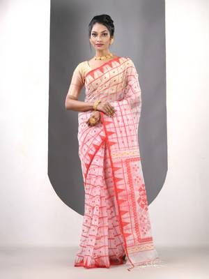 White muslin soft saree with jamdani designs 1