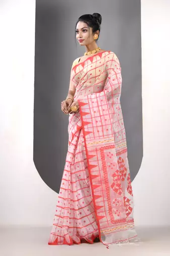 White muslin soft saree with jamdani designs