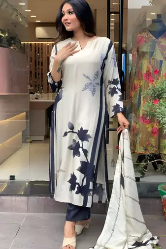 Elegant Floral Muslin Kurta Pant Set with Matching Dupatta Stitched