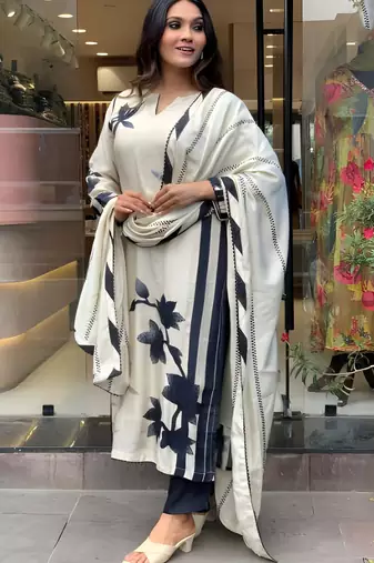 Elegant Floral Muslin Kurta Pant Set with Matching Dupatta Stitched