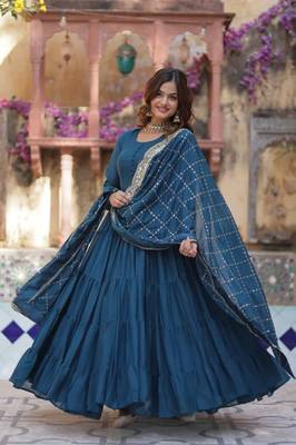 Teal-blue star georgette gown and dupatta set 1