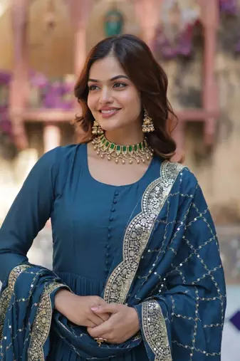 Teal-blue star georgette gown and dupatta set
