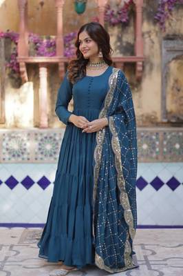 Teal-blue star georgette gown and dupatta set 3
