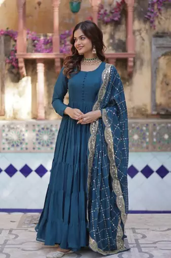 Teal-blue star georgette gown and dupatta set