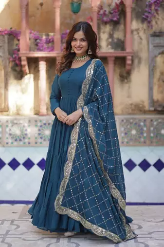 Teal-blue star georgette gown and dupatta set