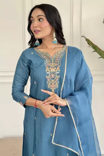 blue Embroidered Kurta Set with Dupatta