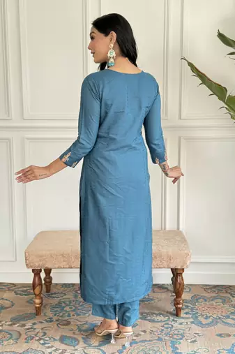 blue Embroidered Kurta Set with Dupatta