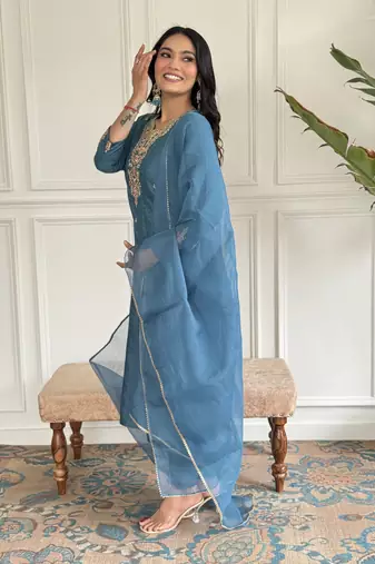 blue Embroidered Kurta Set with Dupatta