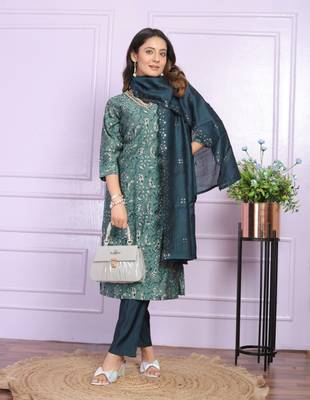 Rama Green Modal Silk Fabric With Hand Work Design Straight Kurta Pant And Dupatta Set 1