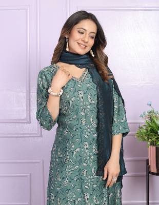 Rama Green Modal Silk Fabric With Hand Work Design Straight Kurta Pant And Dupatta Set 2