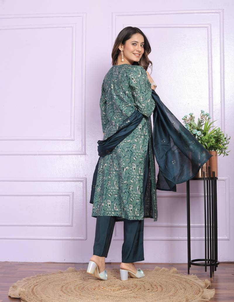 Rama Green Modal Silk Fabric With Hand Work Design Straight Kurta Pant And Dupatta Set