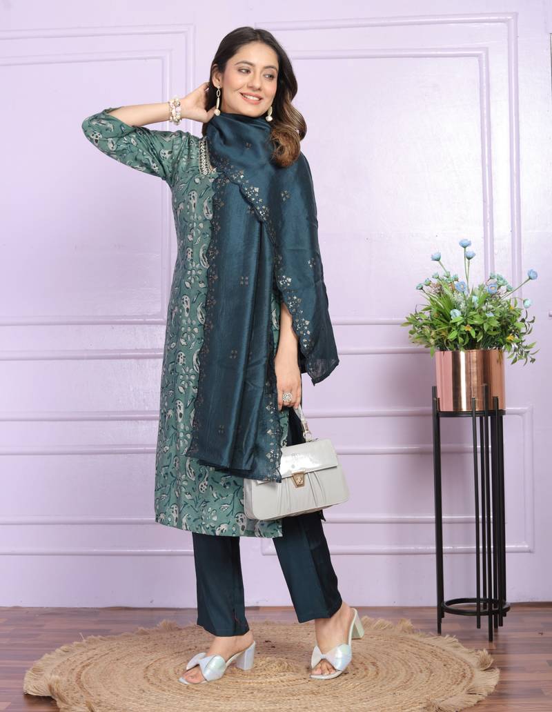 Rama Green Modal Silk Fabric With Hand Work Design Straight Kurta Pant And Dupatta Set