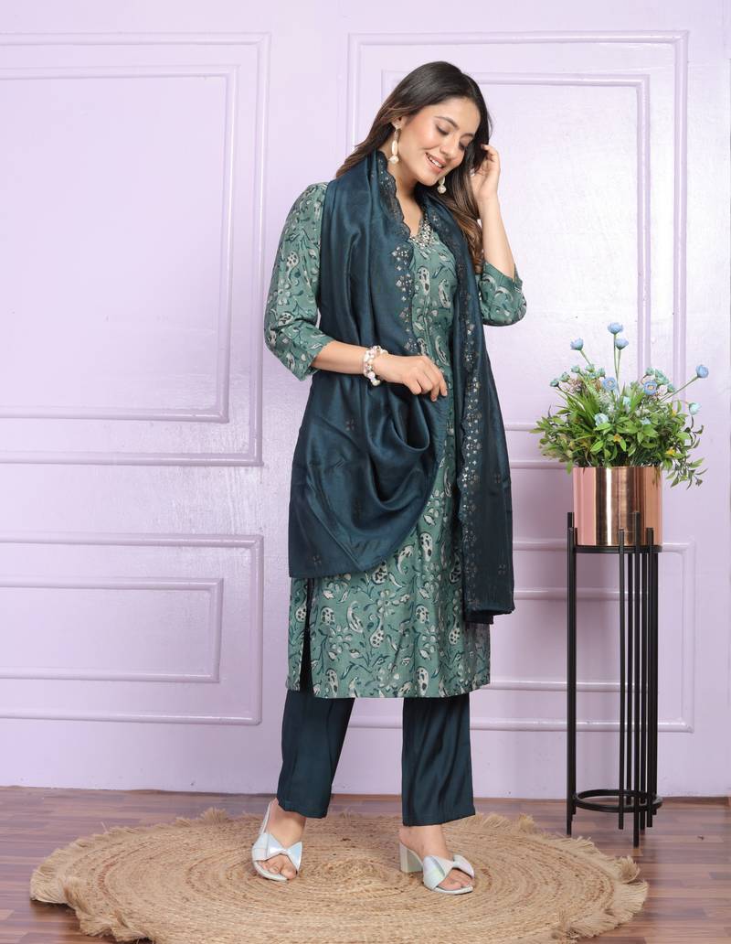 Rama Green Modal Silk Fabric With Hand Work Design Straight Kurta Pant And Dupatta Set