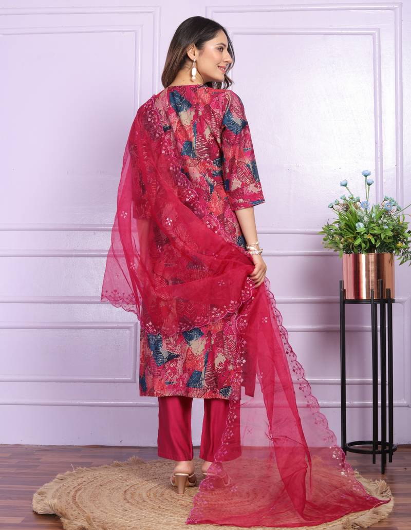 Wine Multi Color Modal Silk Fabric With Hand Work Design Straight Kurta Pant And Dupatta Set