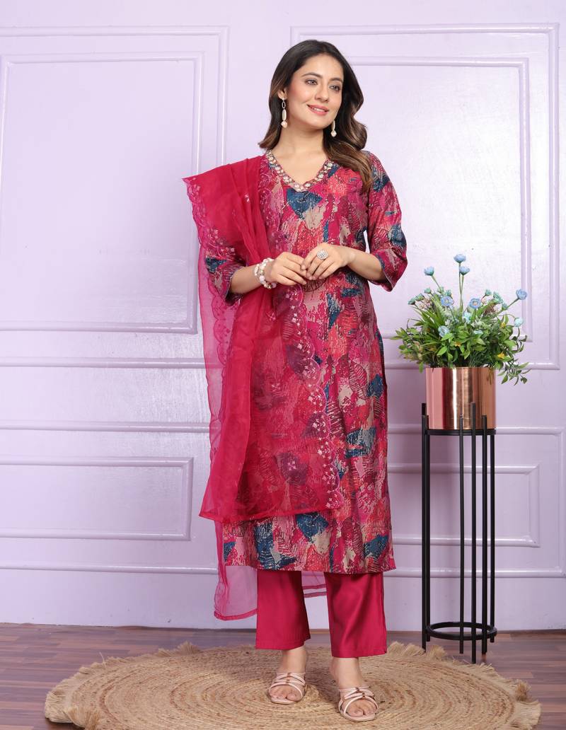 Wine Multi Color Modal Silk Fabric With Hand Work Design Straight Kurta Pant And Dupatta Set