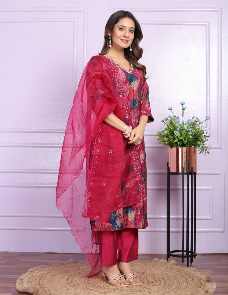 Wine Multi Color Modal Silk Fabric With Hand Work Design Straight Kurta Pant And Dupatta Set
