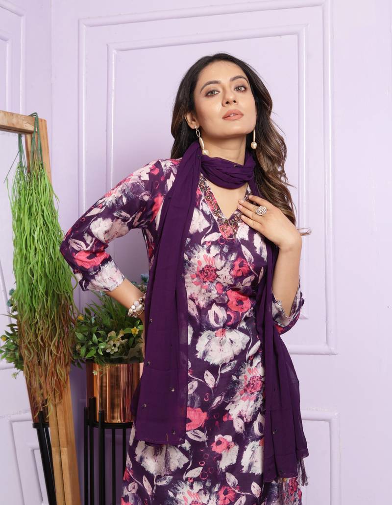 Violet Modal Silk Fabric With Hand Work Design Straight Kurta Pant And Dupatta Set