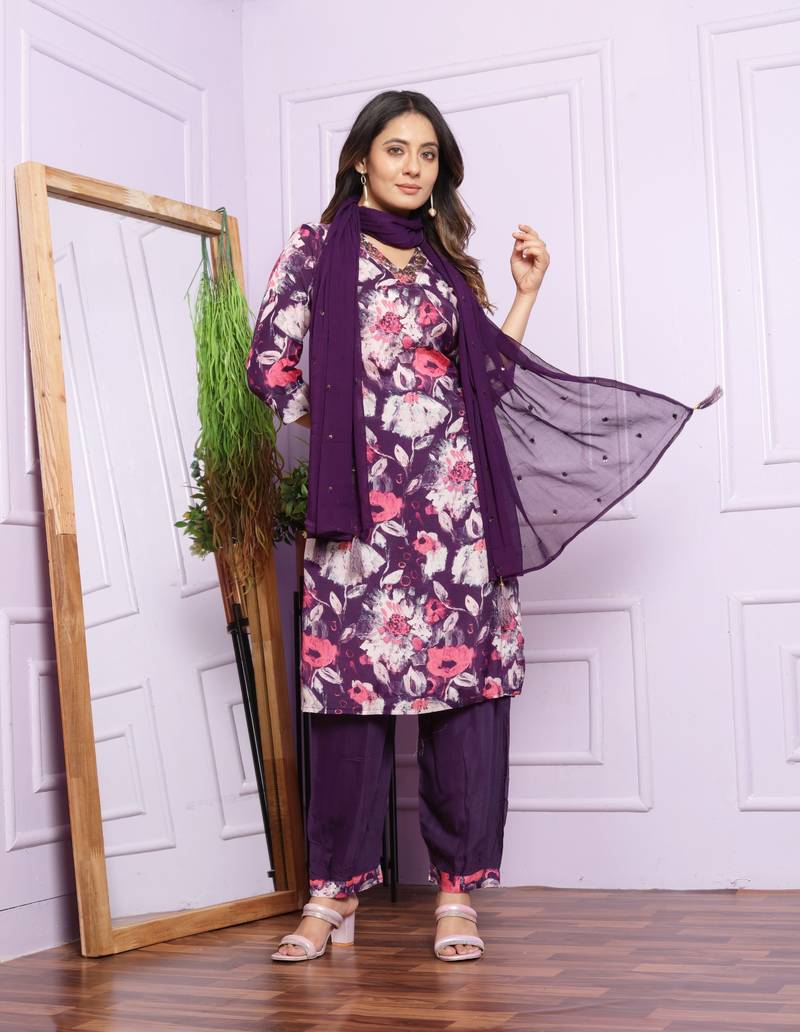 Violet Modal Silk Fabric With Hand Work Design Straight Kurta Pant And Dupatta Set