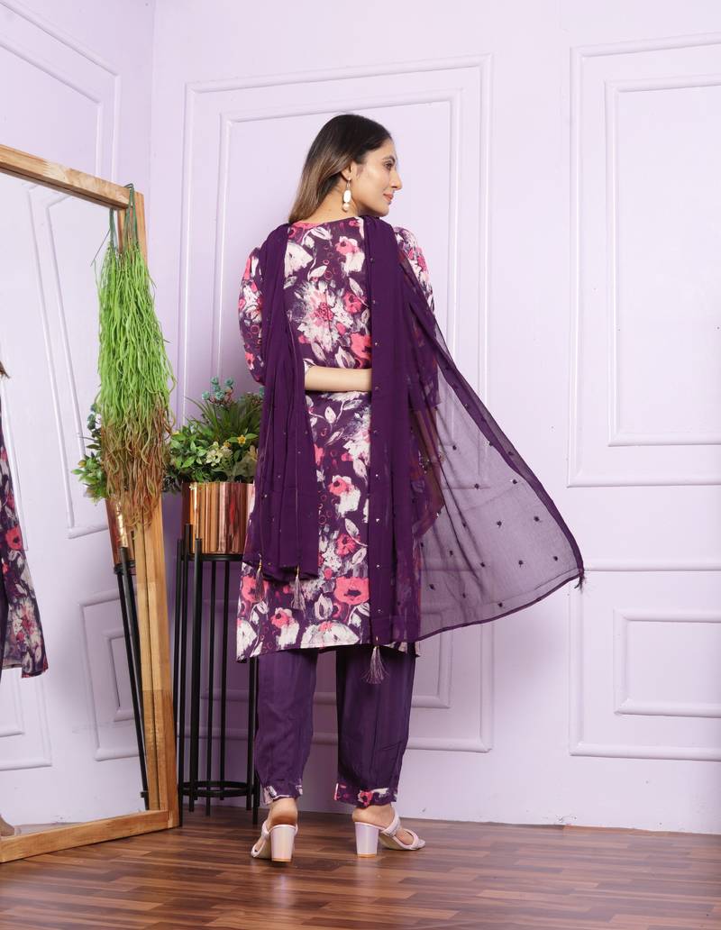 Violet Modal Silk Fabric With Hand Work Design Straight Kurta Pant And Dupatta Set