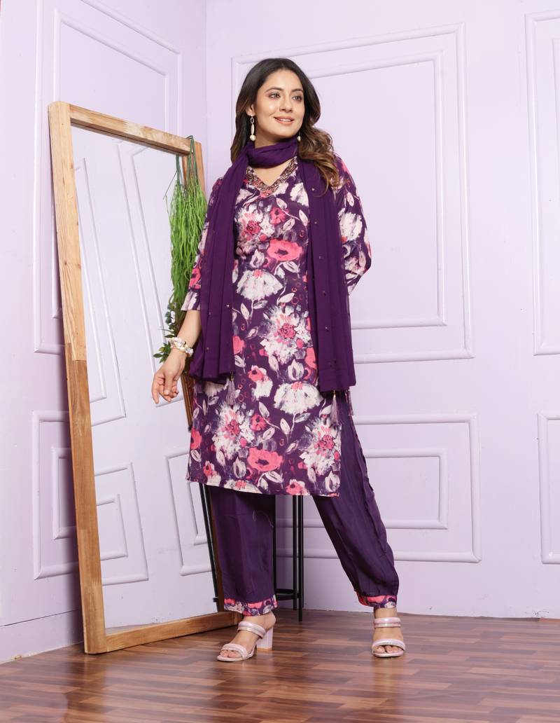 Violet Modal Silk Fabric With Hand Work Design Straight Kurta Pant And Dupatta Set