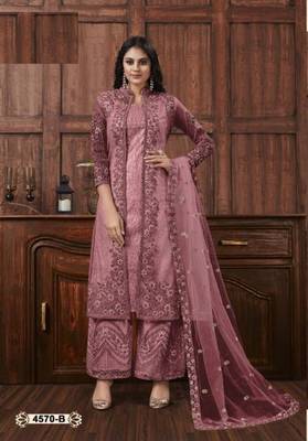 Purple net heavy embroidery semi stitched wedding suit 1