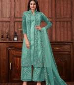 Light blue net heavy embroidery semi stitched wedding suit