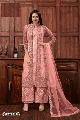 Pink net heavy embroidery semi stitched wedding suit