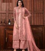 Pink net heavy embroidery semi stitched wedding suit