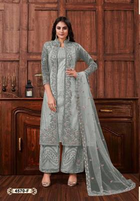Grey net heavy embroidery semi stitched wedding suit 1