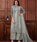 Grey net heavy embroidery semi stitched wedding suit