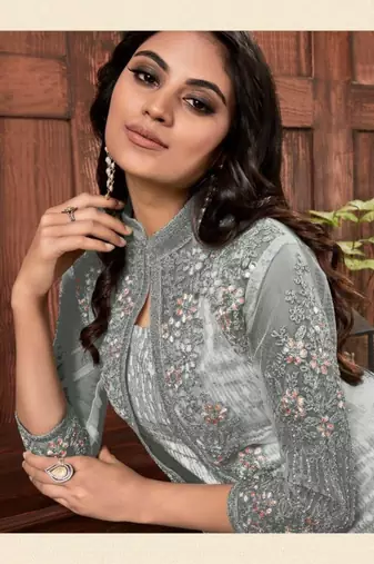 Grey net heavy embroidery semi stitched wedding suit