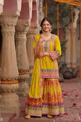 Yellow chinon embroidered readymade salwar suit