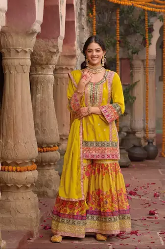 Yellow chinon embroidered readymade salwar suit